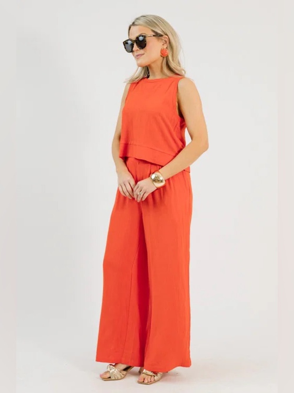 tomato red linen pant set